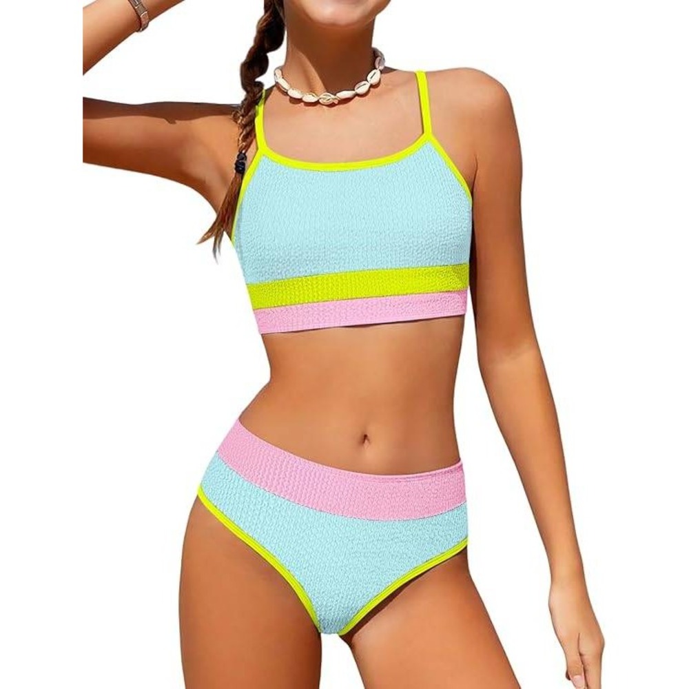 Girls Color Block Textured Bikini Set Blue Pink Neon Yellow Size 11-12Y NWOT